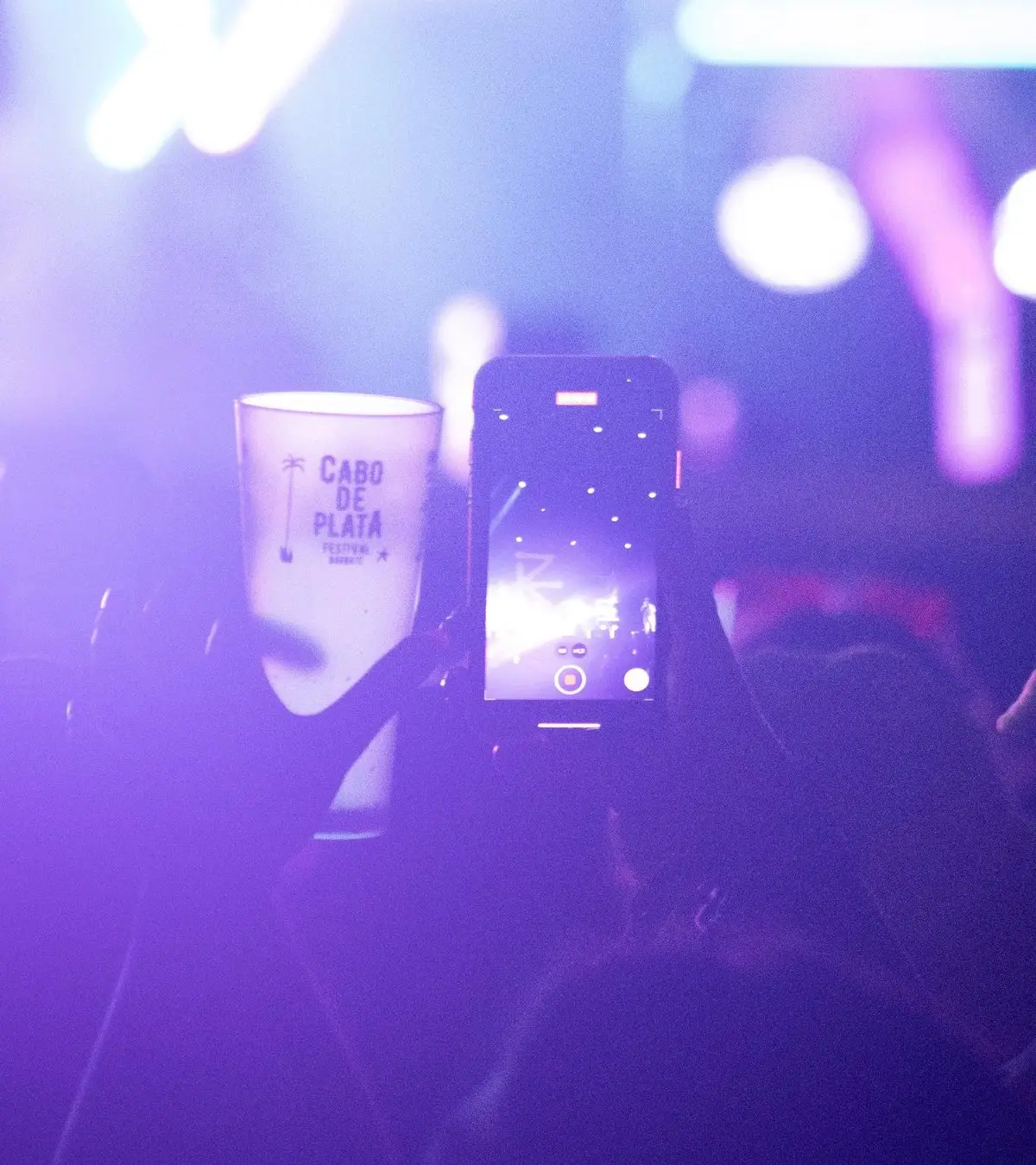 Crowd photographing a custom cup at a concert